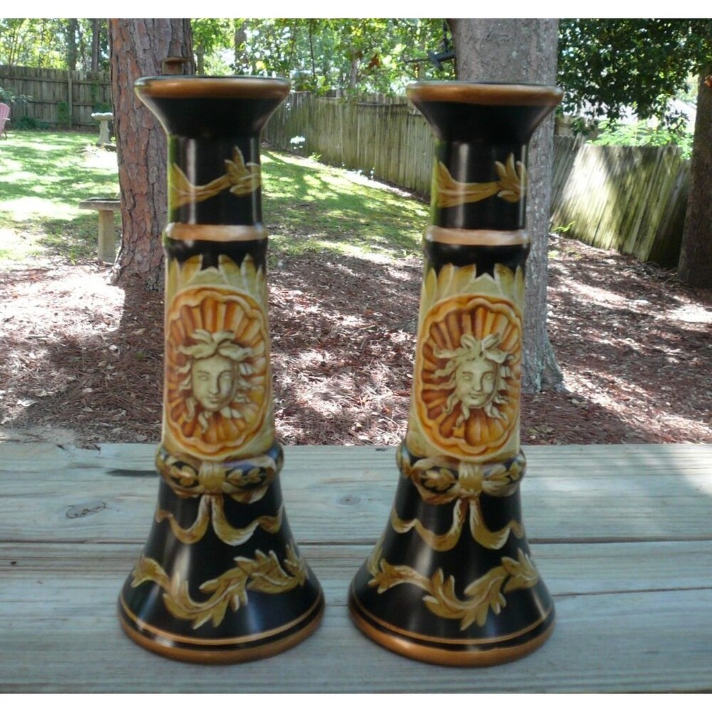 Vintage Raymond Waites Toyo Pair of Candle Holders Stylized Medusa & Sun 9 3/4"